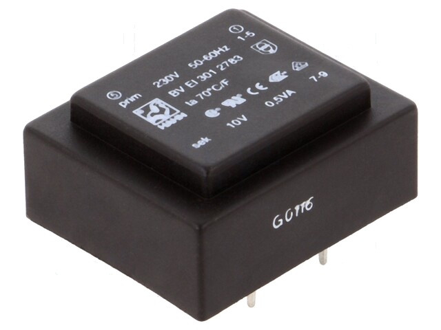 Transformator: ingegoten; 0,5VA; 230VAC; 10V; 50mA; PCB; BVEI Transformator: ingegoten; 0,5VA; 230VAC; 10V; 50mA; PCB; BVEI